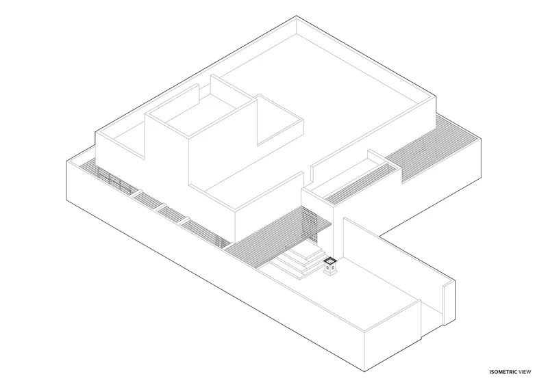 Isometric drawing revealing the interlocking volumes organized around a central courtyard with shaded terraces