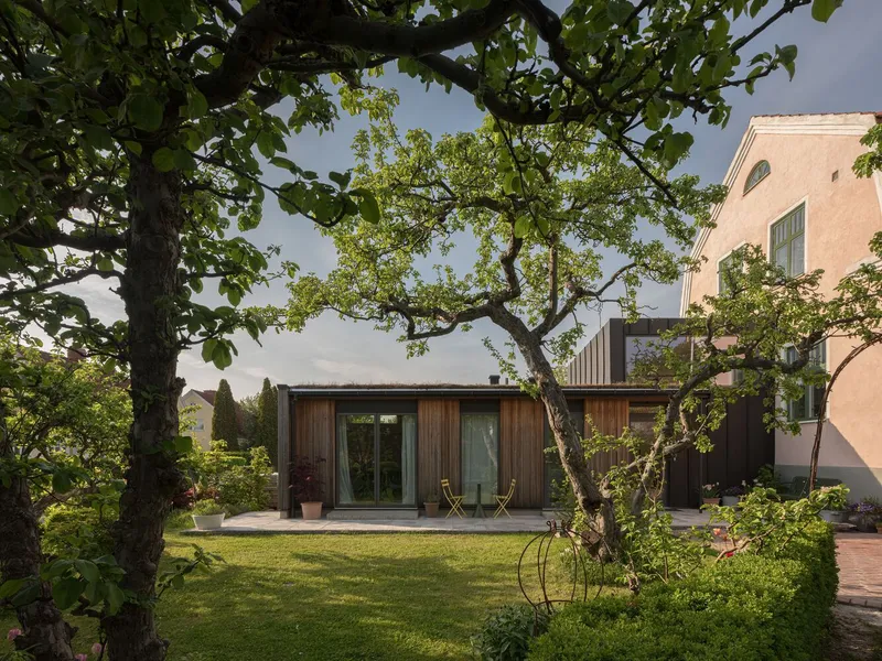 Garden view of the dark timber extension beside the peach stucco house under overhanging tree branches