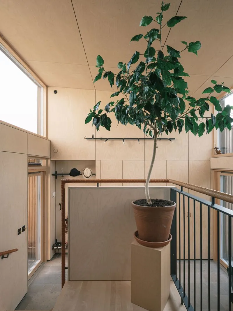 Upper landing with potted tree beneath clerestory window and steel railing overlooking lower level