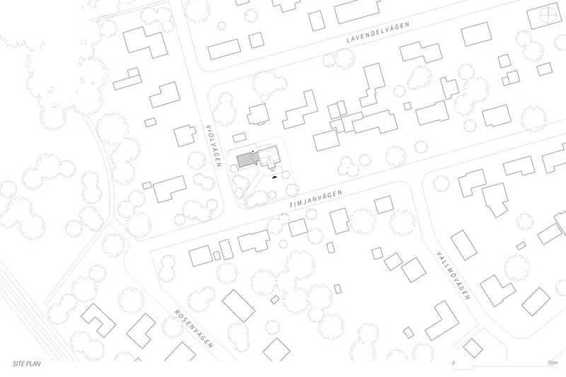 Site plan drawing showing building footprints and tree canopies in a residential neighborhood