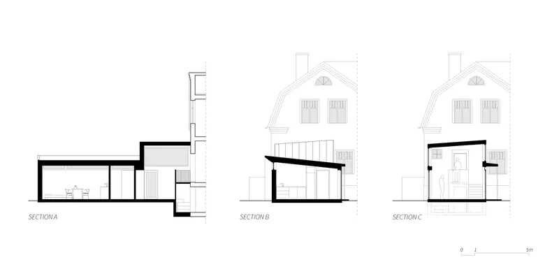 Section drawings showing the single-storey addition in relation to the existing two-storey pitched-roof house