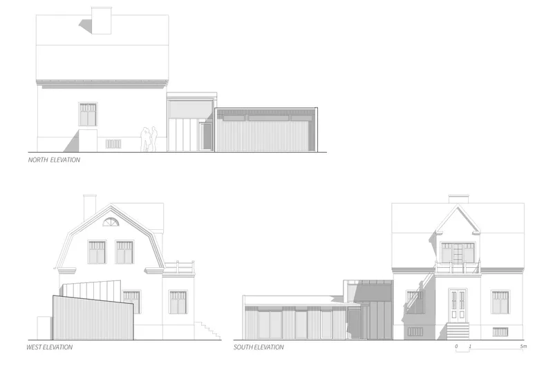 Elevation drawings depicting the house and addition from all four cardinal directions with figures for scale
