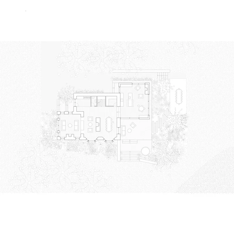 Floor plan drawing showing an open-plan residence with terraces and surrounding landscape