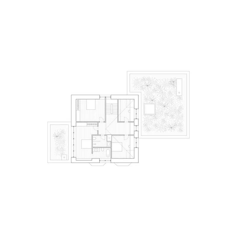 Floor plan drawing showing an upper level with bedrooms and a planted courtyard
