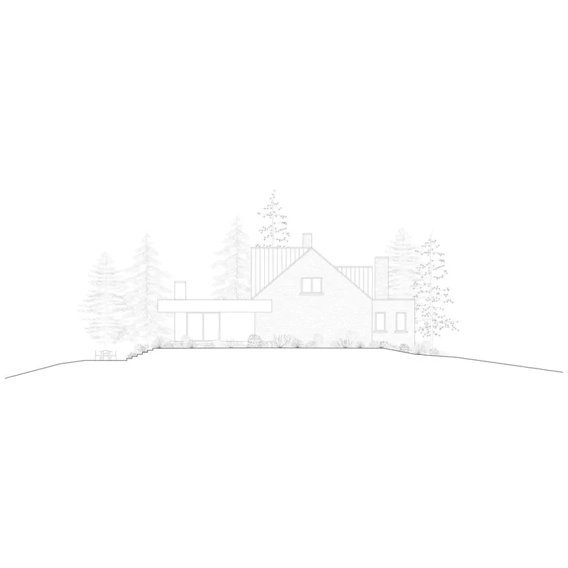 Elevation drawing showing the gabled facade with vertical cladding surrounded by evergreen trees