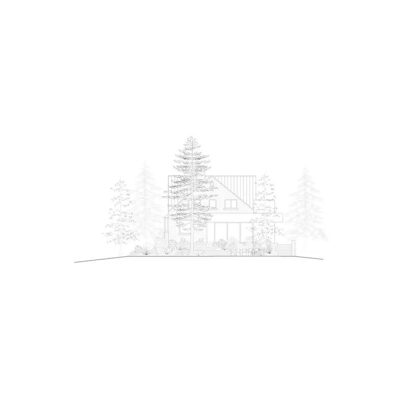 Elevation drawing showing the two-story volume with pitched roof and conifers framing the composition