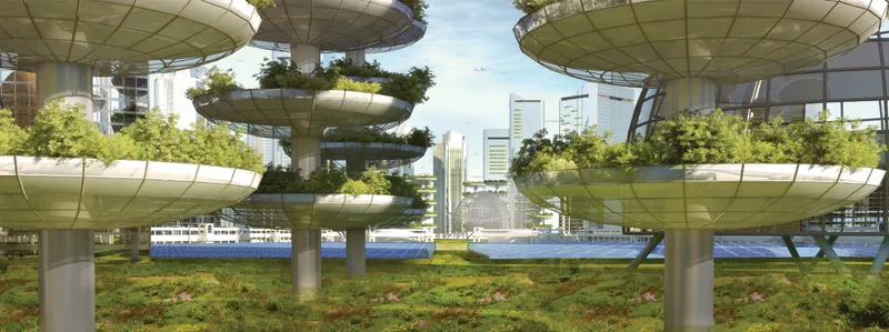 Waterfront view showing stacked disc-shaped platforms with planted beds on white columns beside a canal