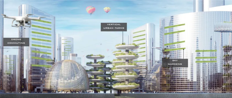 Street-level rendering of tiered tower with planted terraces and a domed glass structure with hot air balloons overhead
