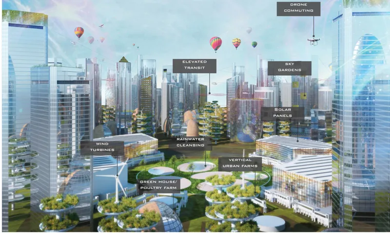 Aerial rendering of a mixed-use development with labeled sustainable infrastructure including wind turbines and green roofs