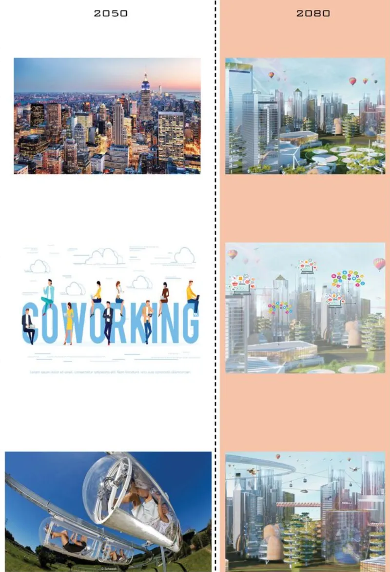 Timeline rendering depicting urban evolution from dense skyline at dusk to vertical forests and flying vehicles by 2080