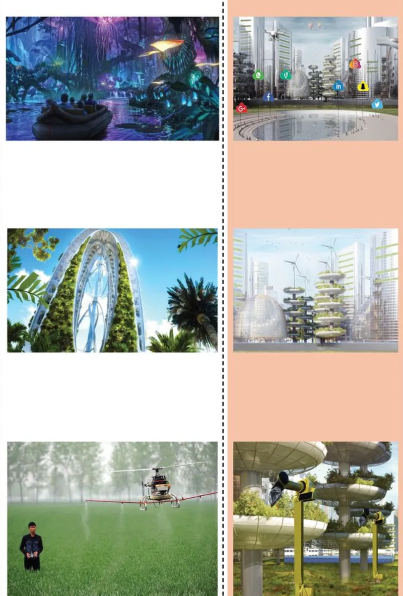 Rendering of illuminated jungle-themed interior with bioluminescent plants and visitors in boats on water