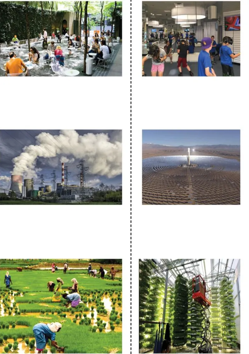 Collage contrasting tree-lined public plaza with cyclists and industrial cooling towers emitting steam beside solar arrays