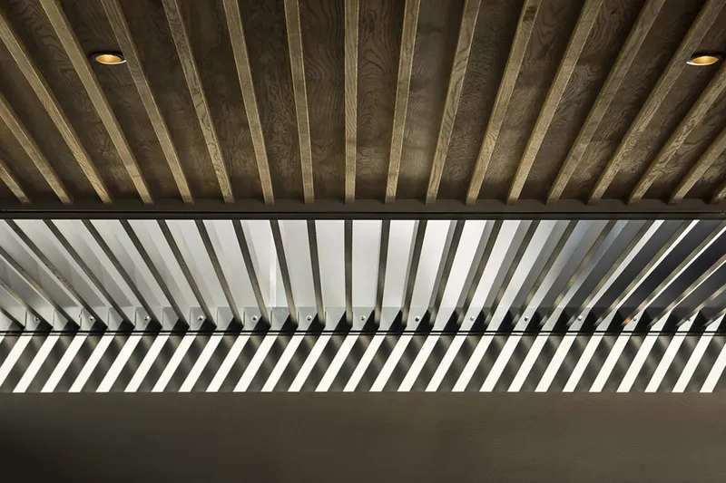 Underside view of timber-battened ceiling with steel beam framing the slatted canopy structure