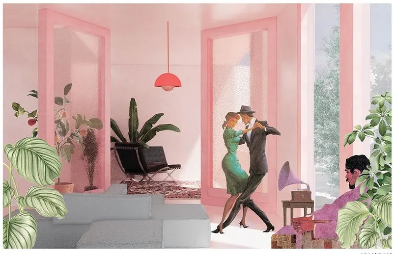 Indoor tango unfolds in serene, sunlit architectural splendor.