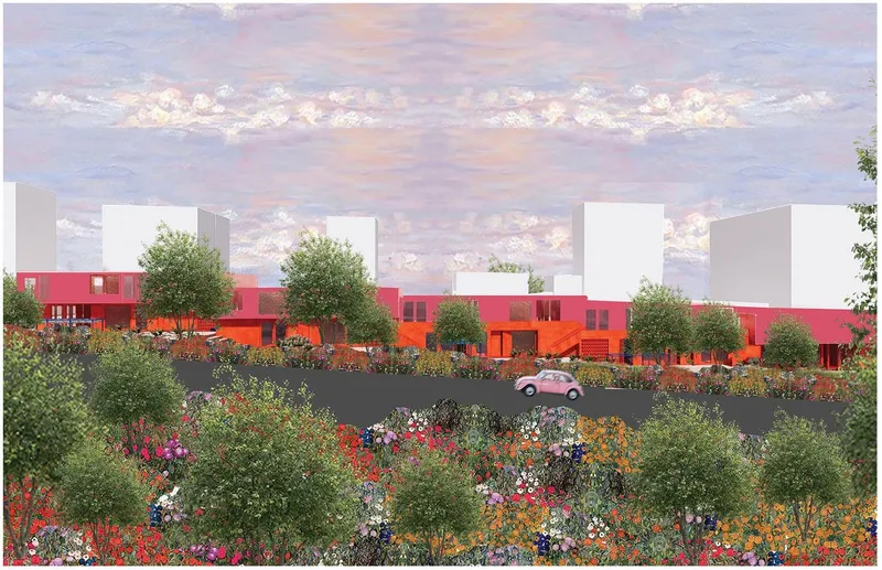Modern architecture blooms amid vibrant, lush urban gardens.