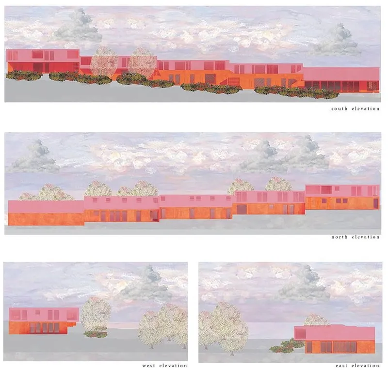 Sleek, colorful elevations define modern urban landscape.