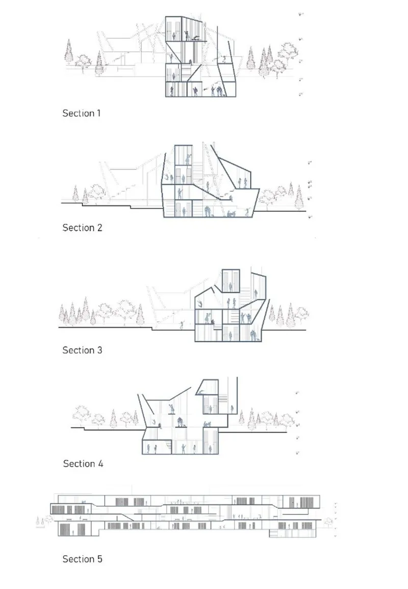 Architectural sections reveal intricate design for community spaces.