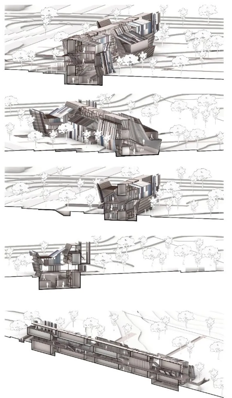 Complex layers of modern architecture integrated with natural elements.