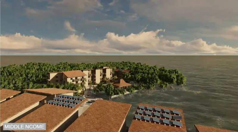Middle income housing amidst lush mangrove islands.