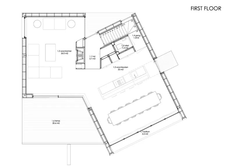 First floor plan drawing showing an angled layout with living spaces, terrace, kitchen and stair