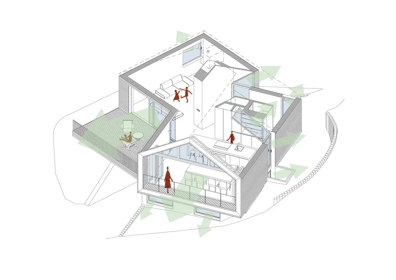 Axonometric cutaway drawing revealing interior spaces across multiple levels with figures and terraces