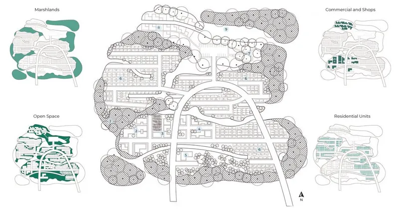 Master plan highlighting marshlands, commercial, residential, and open spaces.