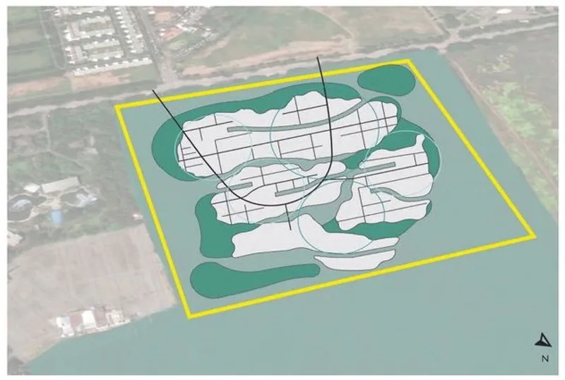 Integrated water inlets and road system on floating islands.