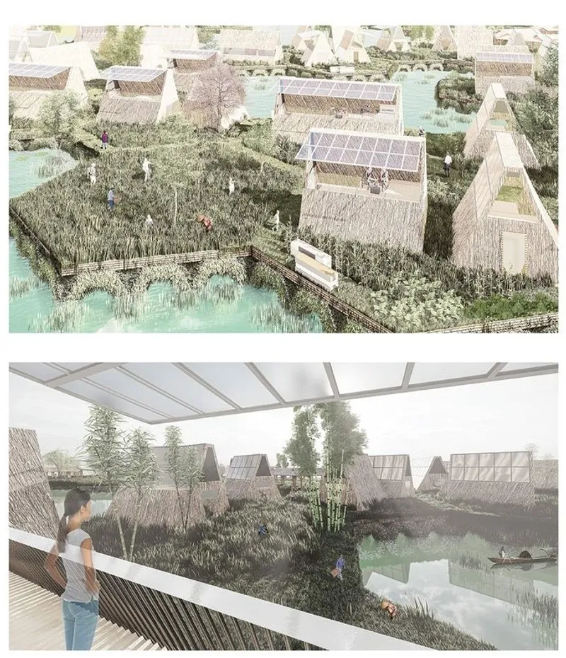 Sustainable homes with solar panels in Floatopia community.