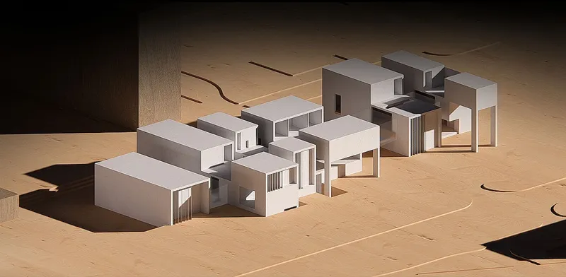 Concept model showcasing interconnected housing units and alleyways.