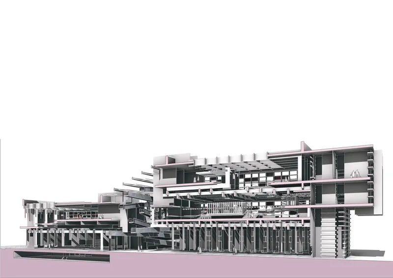 Megastructure marketplace: planes, ramps, light, and community.