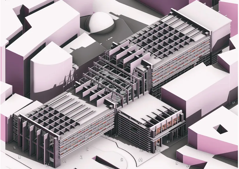 Elevated marketplace: interlocking planes, dynamic spaces, urban revitalization.