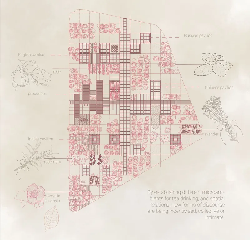 Tea pavilion blueprints: Diverse spaces encourage cultural exchange.