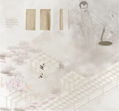 This architectural image presents an axonometric projection of an outdoor structure designed for fab