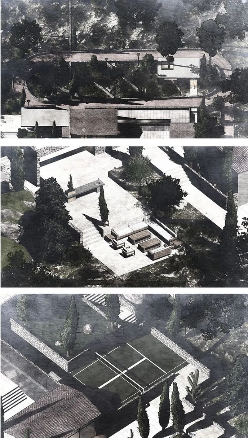 Aerial view of villa with lush greenery.