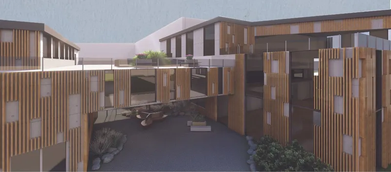 Modern facade with natural wood accents and green spaces.
