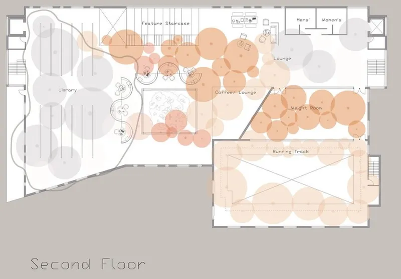 Second floor plan featuring library, lounges, and fitness areas.
