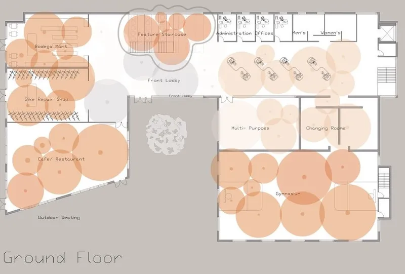 Ground floor layout with diverse functional spaces.
