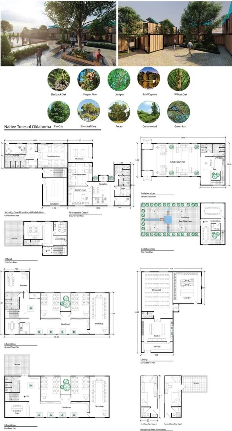 Site plans and layouts for sustainable modular housing project.