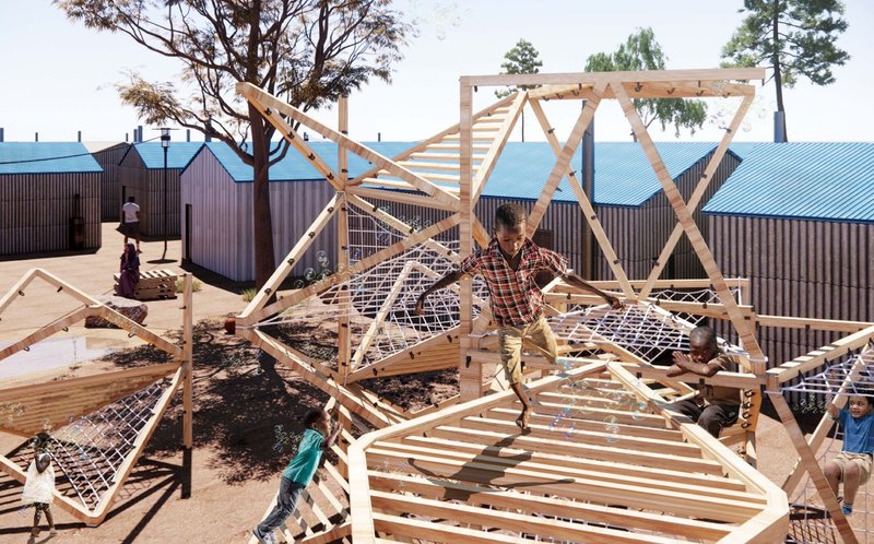 Children joyfully play on DreamScape's modular playground.