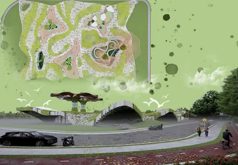 Overhead view showcases the pavilion's organic design layout.
