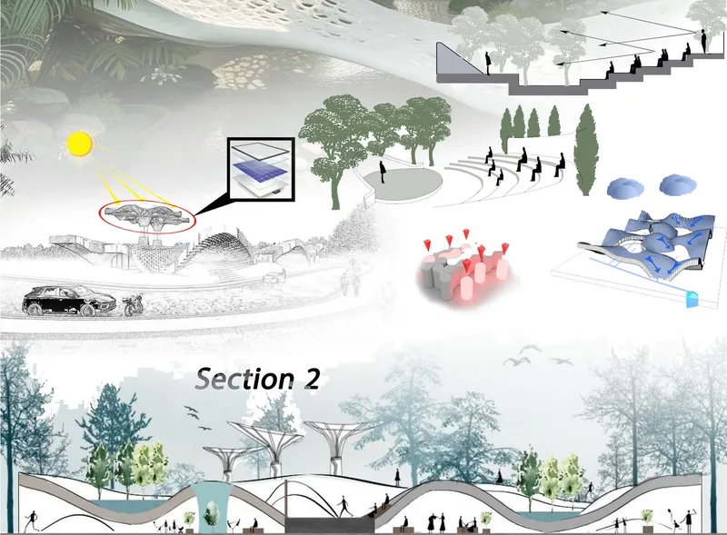 Sectional analysis highlights sustainable design elements in pavilion.