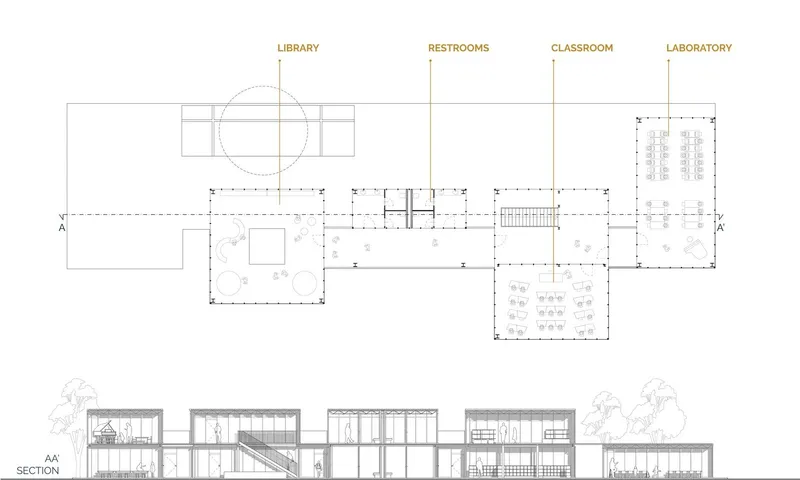 Educational Strength: School floor plan and section - Detailed layout.