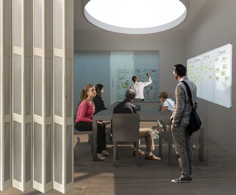 Collaborative workspace with bi-fold doors for flexibility.