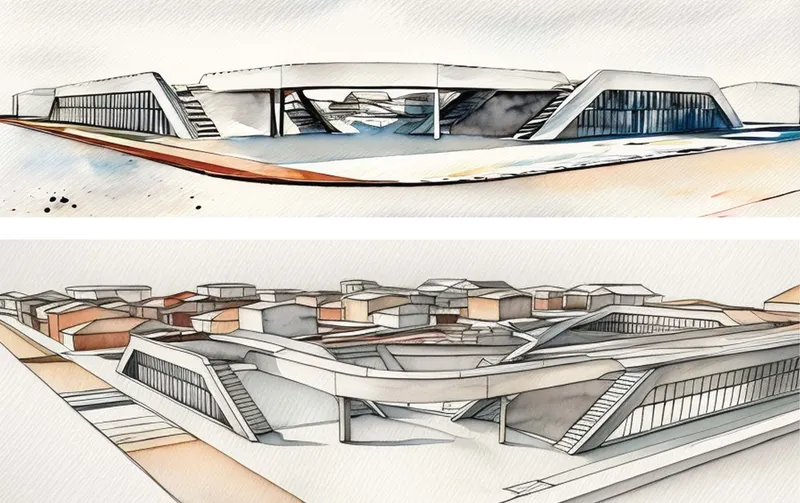 Modern community center with green roof and access ramps.