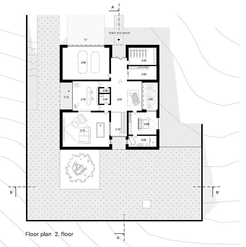 Second floor plan of a modern house with terrace.