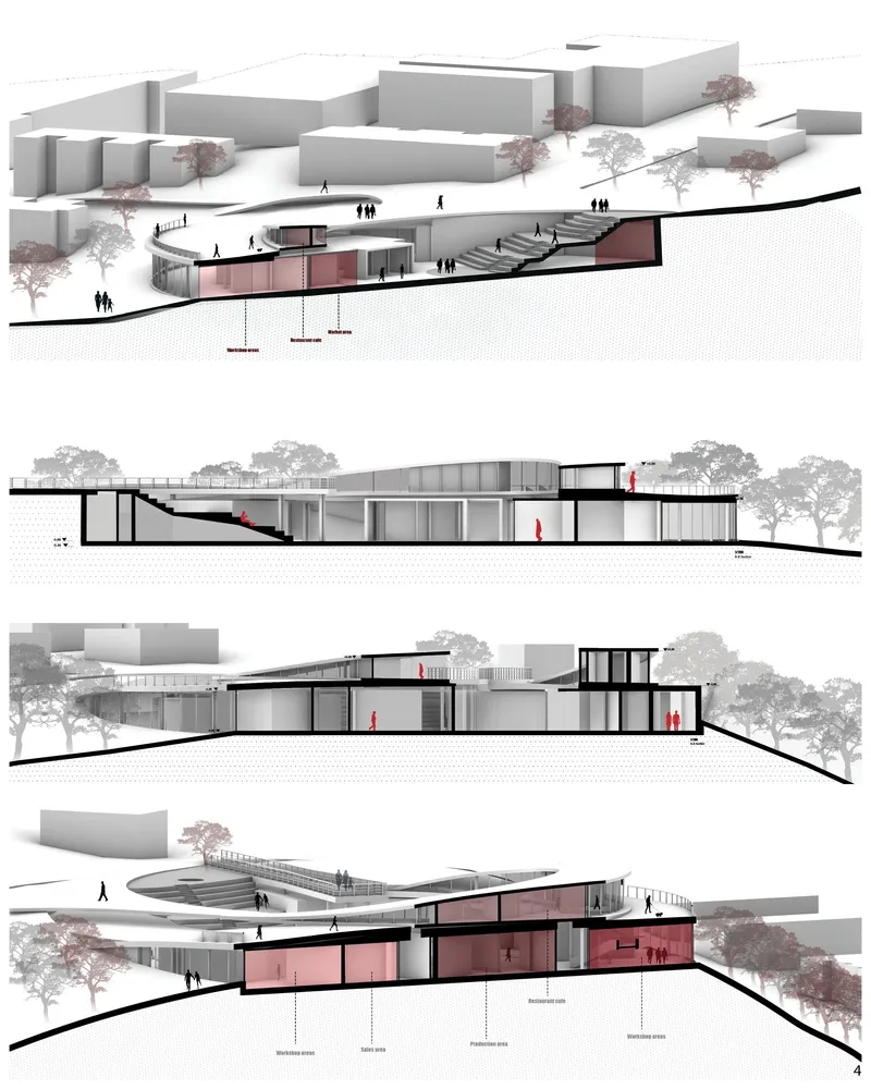 URBanHall sections: Multi-level design with varied spaces.