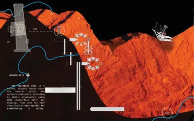 This architectural image presents a site plan for a Mars colony, showcasing various interconnected s