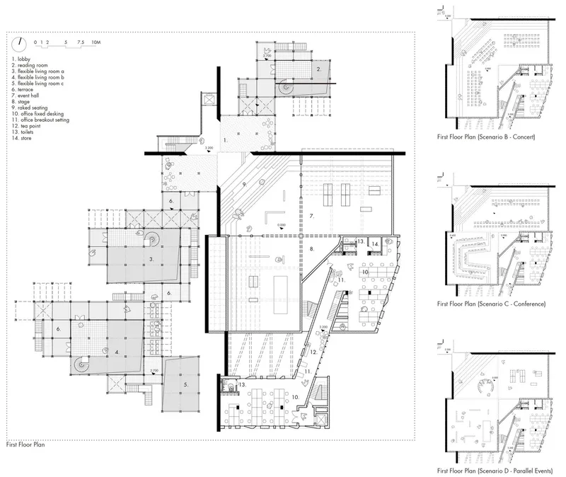 Town hall floor plan with adaptable layout.
