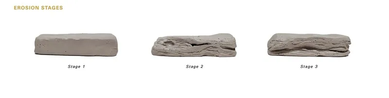 Erosion stages of sandstone urban furniture from initial block to weathered form.