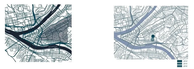 Urban growth visualized: Building density increases near rivers.